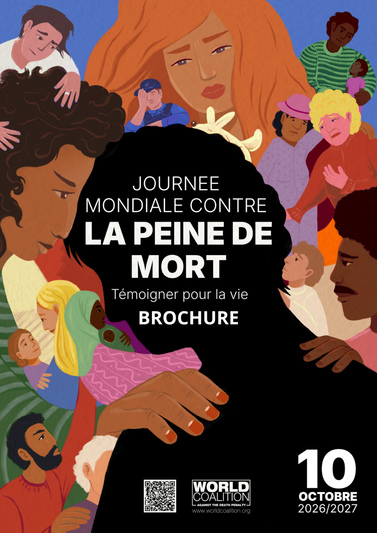 Première de couverture de la brochure journée mondiale contre la peine de mort 2026-2027 montrant une ombre noire au centre entourée de personnages colorés de divers âges, cultures et métiers